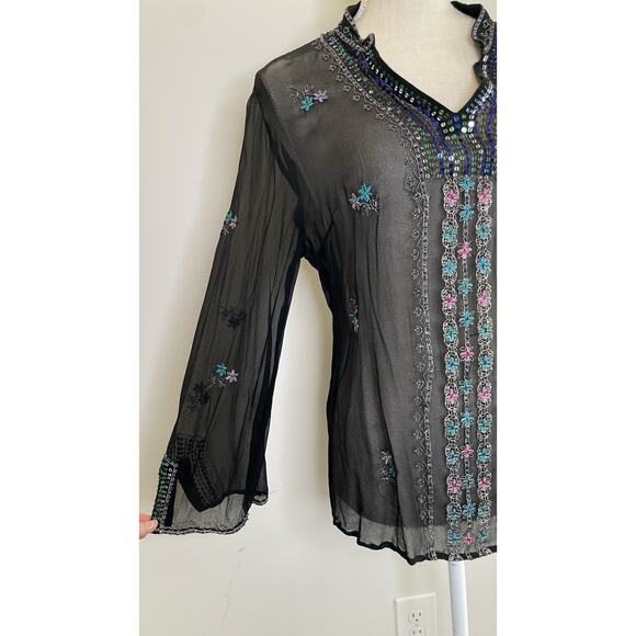 Silkland 100% Silk Black L Embroidered Beaded Sequined Blouse Sheer Rainbow - Picture 2 of 15